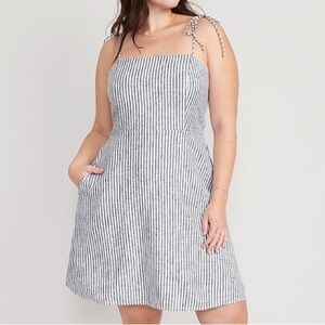 Old Navy Bow Tie Straps Stripe Navy Linen Mini Dress